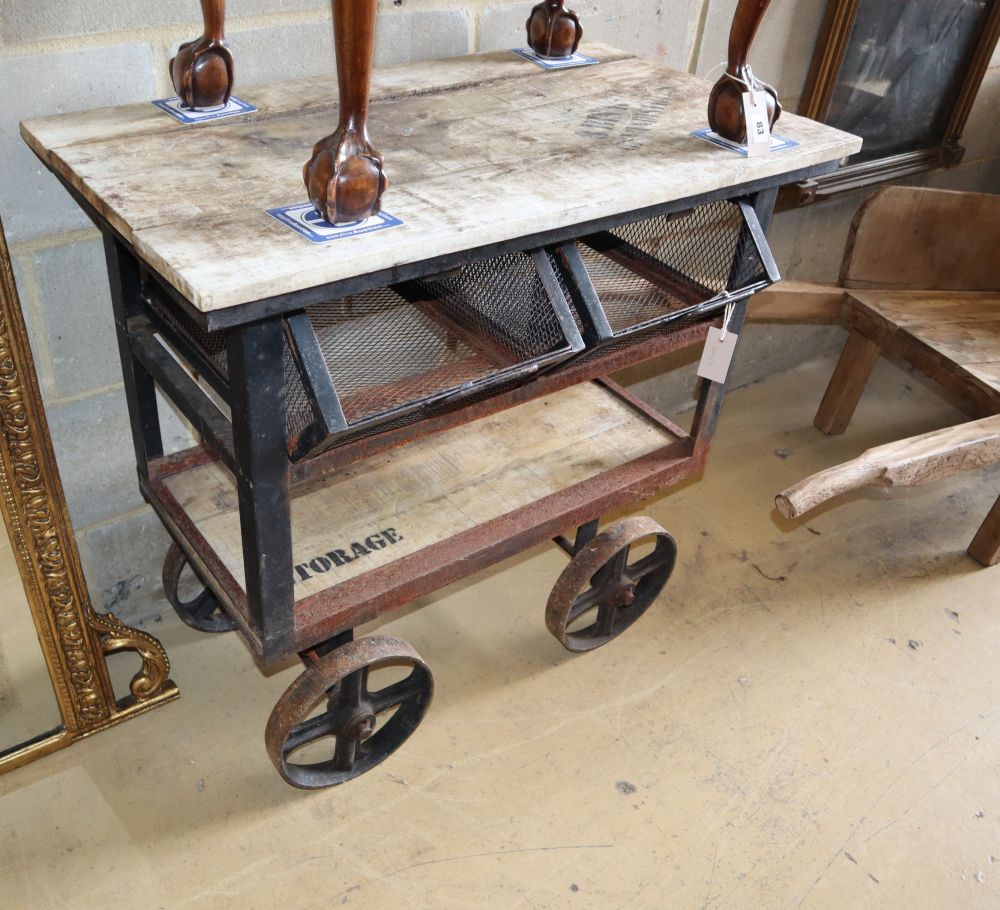 A reclaimed wood and metal two tier garden trolley, W.85cm, D.49cm, H.82cm
